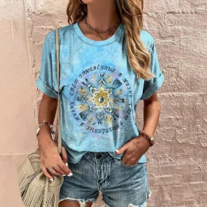 Women's T-shirt Round Neck Loose Short Sleeved Summer Casual Pullover Fashionable Printed Pattern Clothing Women's Party T-shirt